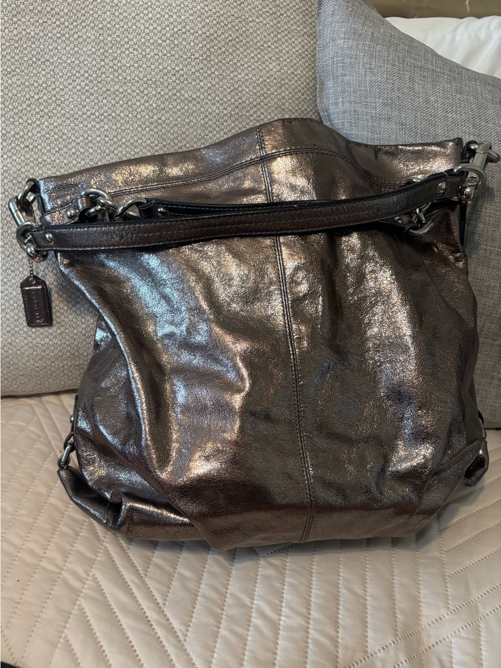 Coach Metallic Leather Tote Shoulder Bag – Pewter Gunmetal | Large Everyday Purs
